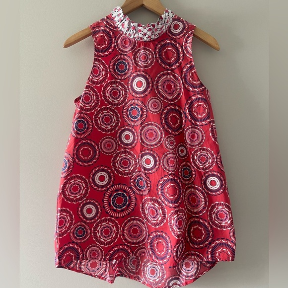 Tyler Boe Tops - Tyler Boe | Red Navy Fish Print Ruffle Neck Sleeveless Tunic